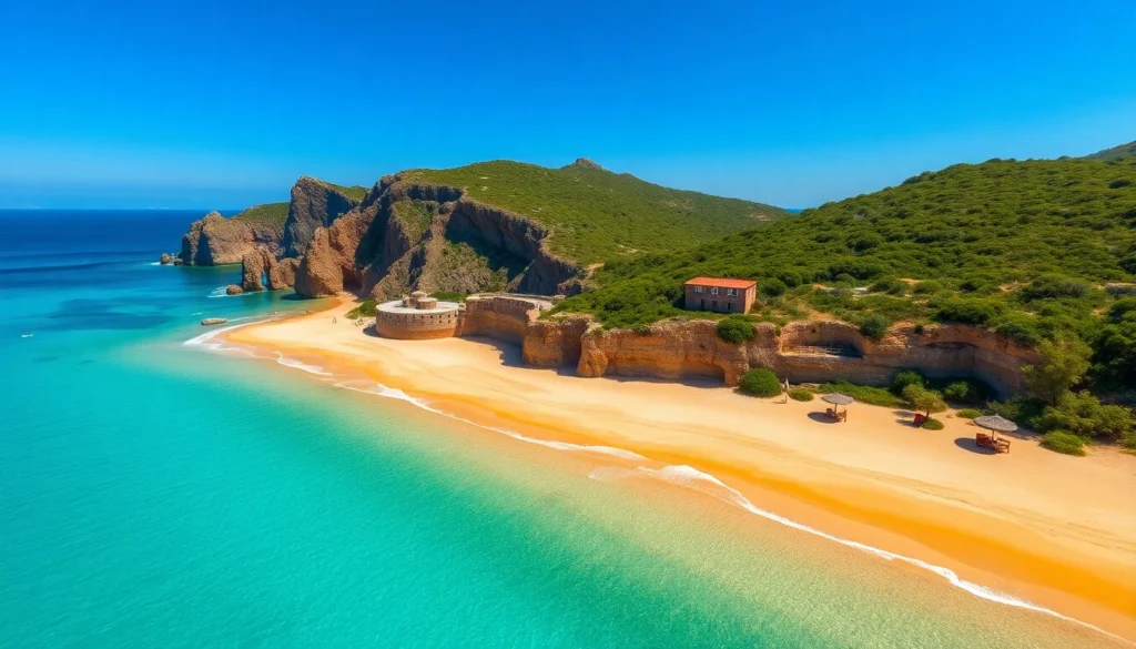 Spiaggia di sabbia vulcanica con acqua turchese e scogliere verdi dell'Isola d'Ischia vista dall'alto