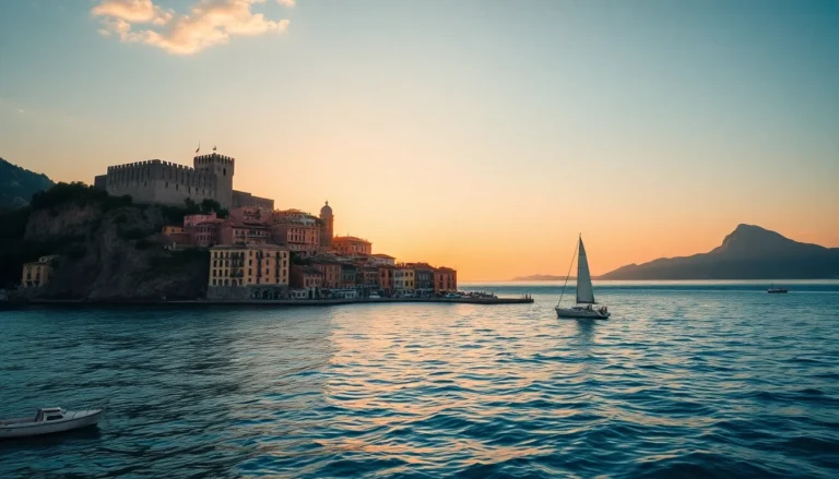 Vista cinematografica dell'Isola d'Ischia dal mare con il Castello Aragonese al tramonto