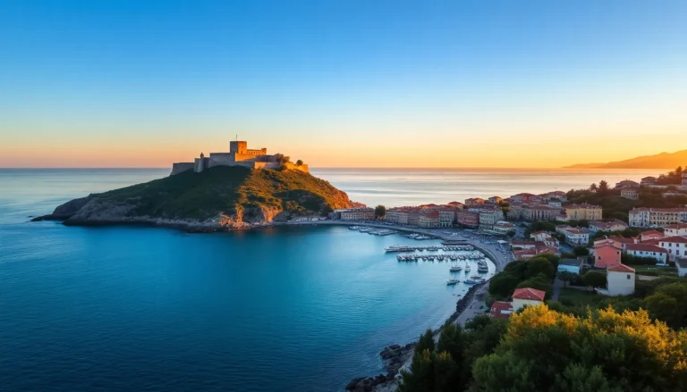 Vista panoramica aerea dell'Isola d'Ischia al tramonto con Castello Aragonese e costa mediterranea
