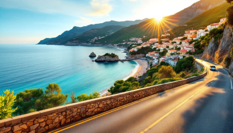 Bus panoramico scoperto che percorre una strada costiera di Ischia con vista sul mare e sulle colline verdi in una giornata d’estate