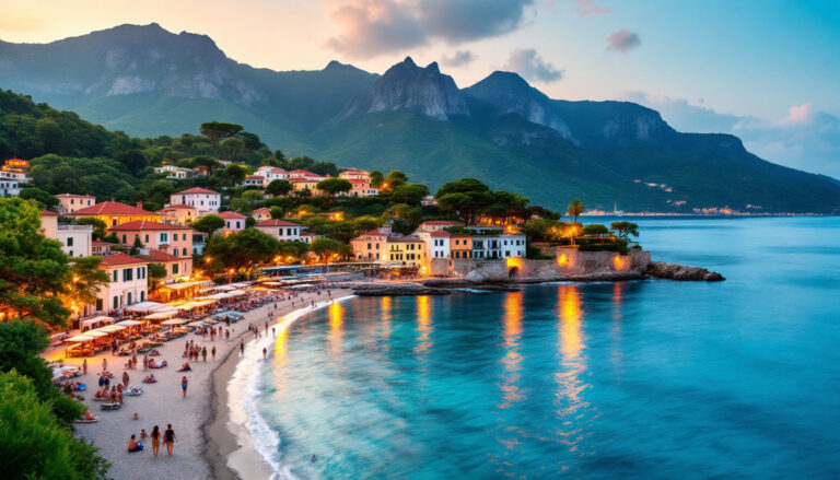 Serata estiva a Ischia con passeggiata sul lungomare, luci calde e mare al tramonto
