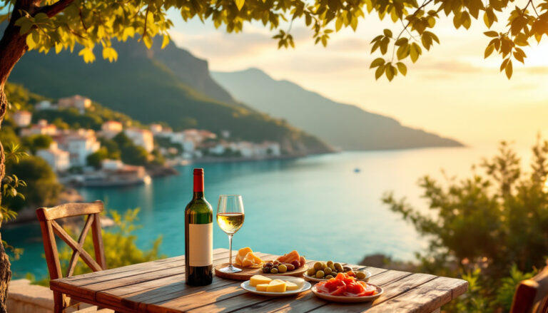 Aperitivo estivo a Ischia su terrazza vista mare con calice di vino locale, piccoli assaggi e tramonto sul golfo