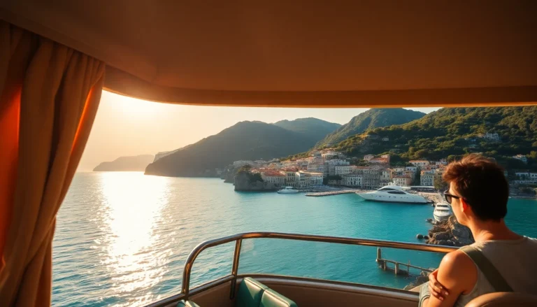 Bus panoramico scoperto lungo la costa di Ischia in estate, con atmosfera tra Lacco Ameno e Ischia Porto