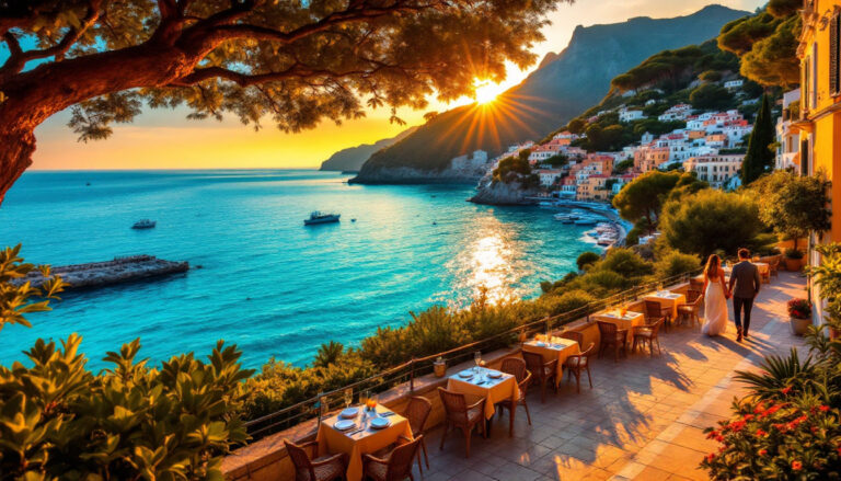Coppia che passeggia sul lungomare di Ischia al tramonto, con mare calmo e tavoli di un ristorante vista mare sullo sfondo