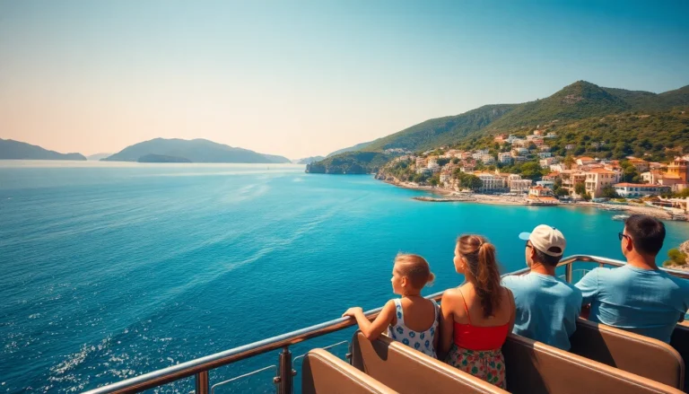Famiglia con bambini su un bus panoramico scoperto con vista sul mare e sulla costa di Ischia in estate
