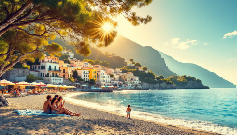 Famiglia con due bambini su una spiaggia di Ischia, con ombrelloni colorati, mare calmo e un bambino che gioca nella sabbia.