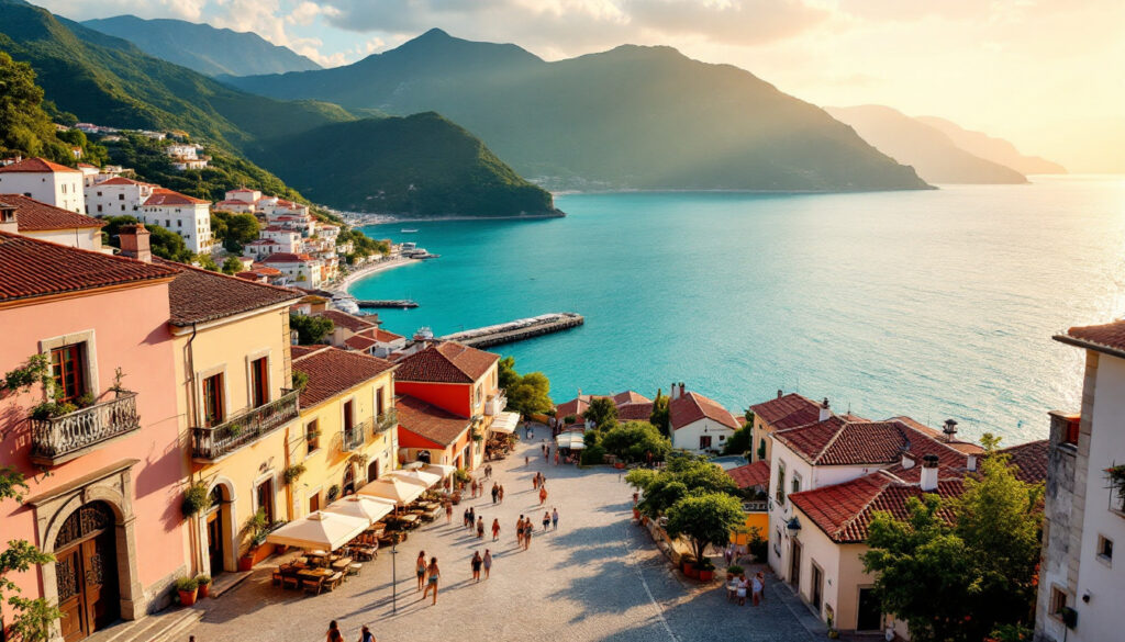 Piazza estiva a Forio, con vista sul mare e luce del tramonto