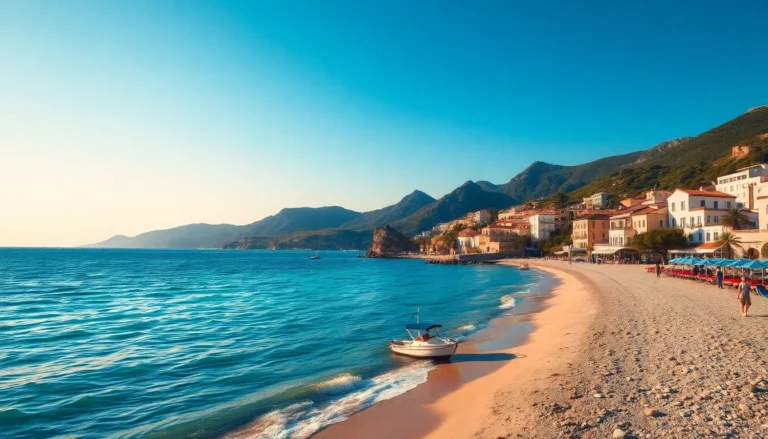 Scena estiva realistica su una spiaggia di Ischia con mare turchese, riva sabbiosa e panorama costiero