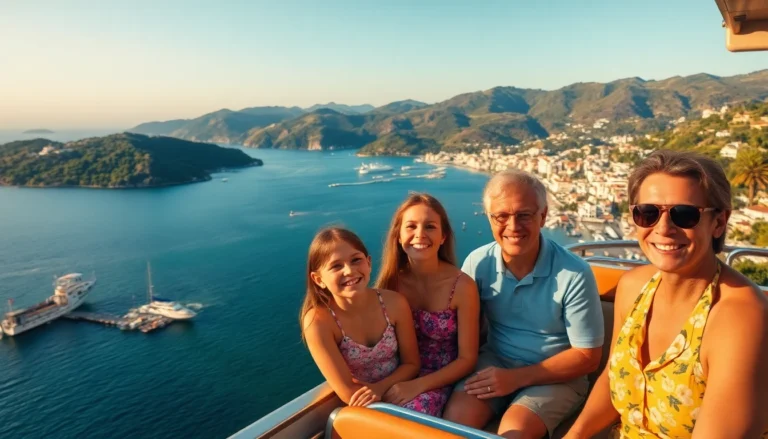 Una famiglia con bambini su un bus panoramico scoperto mentre osserva il mare e i paesaggi di Ischia in estate