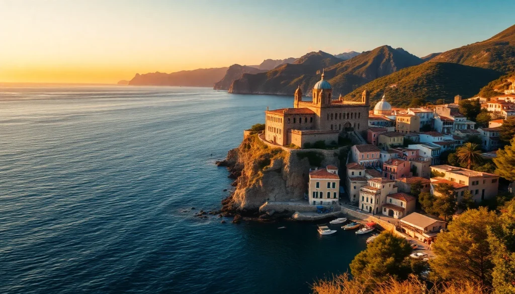 Veduta del Castello Aragonese di Ischia al tramonto, con il mare calmo e il cielo estivo limpido.