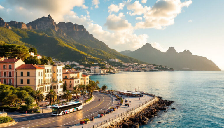 Veduta estiva realistica di Ischia con borgo costiero, passeggiata sul mare e bus panoramico in transito.