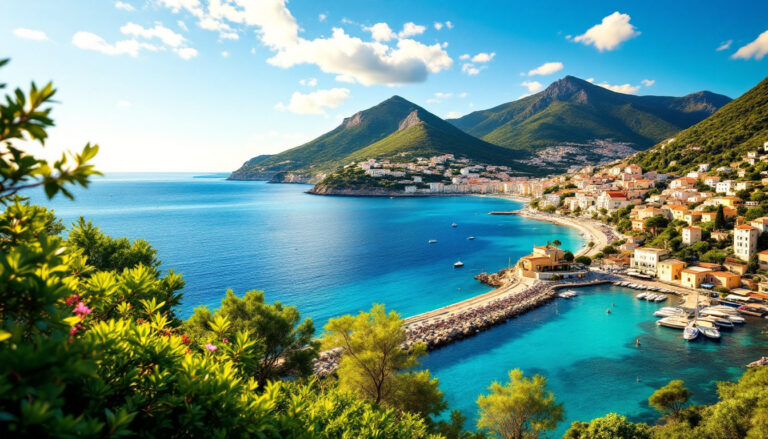 Vista estiva di Ischia con il mare in basso e una collina verde sopra, in un contesto realistico da viaggio
