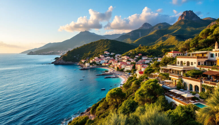 Vista estiva di una struttura sul mare e di una sistemazione in collina a Ischia, con terrazze e atmosfera rilassata