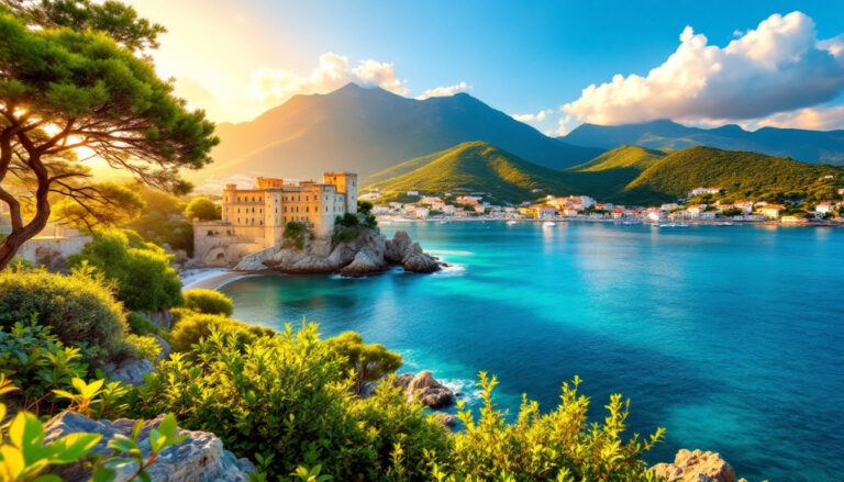 Vista panoramica del Castello Aragonese di Ischia con il mare blu e la luce estiva