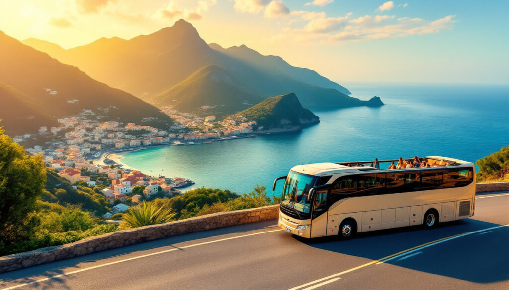 Bus panoramico scoperto che percorre la costa di Ischia in una giornata estiva, con mare e borghi sullo sfondo