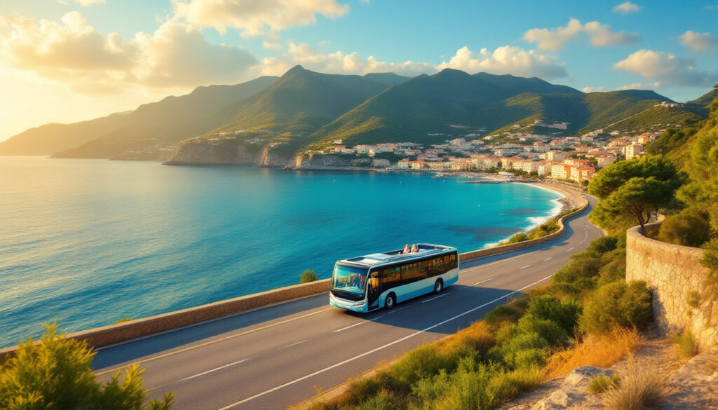 Bus panoramico scoperto in viaggio lungo la costa di Ischia con mare e colline verdi sullo sfondo in una giornata estiva