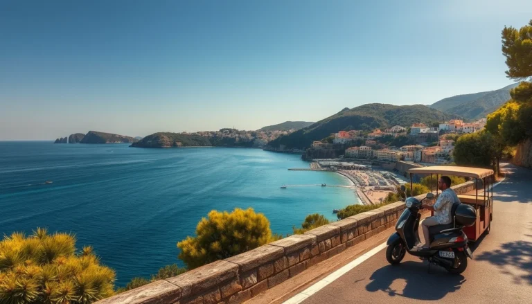 Bus scoperto e scooter su una strada panoramica di Ischia con vista mare estiva