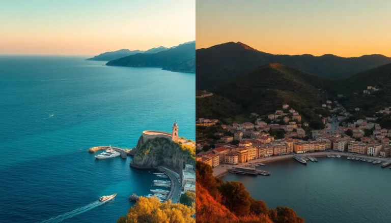 Confronto tra l’alba e il tramonto sulla costa di Ischia, con mare calmo e colori estivi realistici