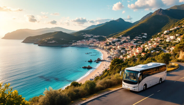 Turisti su un bus panoramico con vista sul mare e sulla costa di Ischia in estate