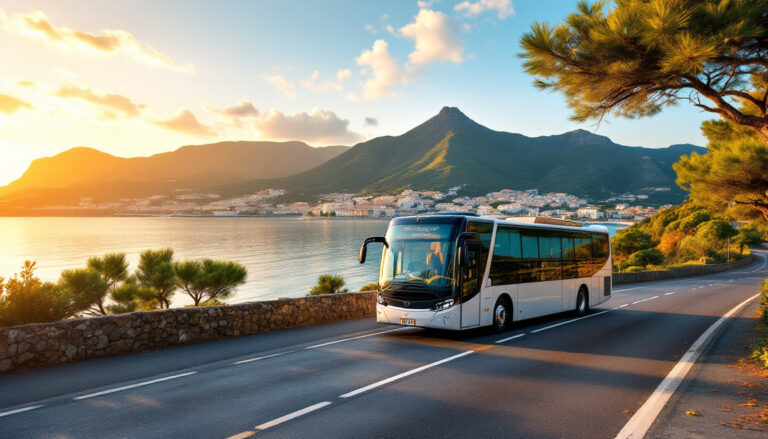 Autunno a Ischia con vista panoramica sulla costa e bus scoperto in strada costiera