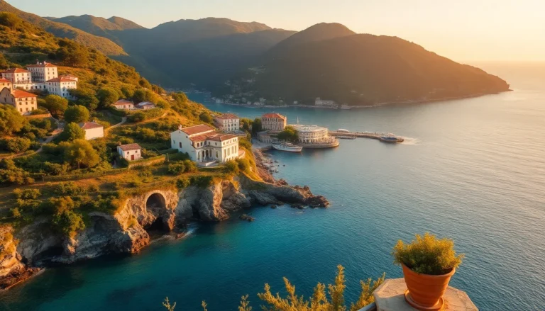 Scena autunnale a Ischia con atmosfera termale, colline vitate e luce calda sul mare