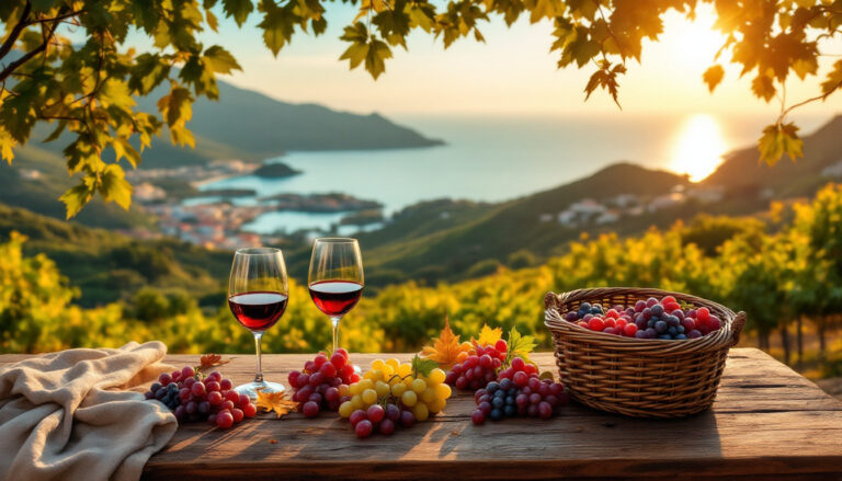 Tavola all’aperto in una cantina di Ischia in autunno, con calici di vino, filari e mare sullo sfondo