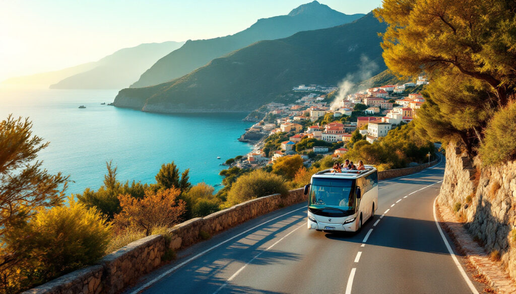 Bus panoramico scoperto lungo la costa di Ischia in autunno, con mare sullo sfondo e atmosfera rilassante da terme