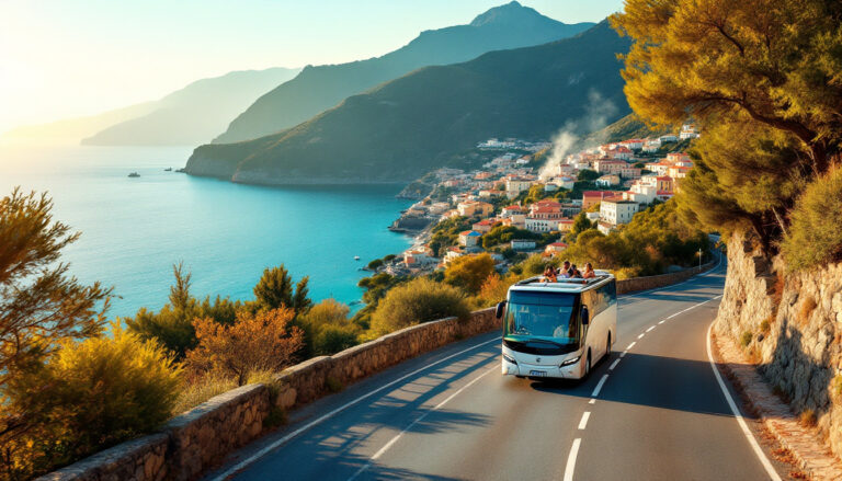 Bus panoramico scoperto lungo la costa di Ischia in autunno, con mare sullo sfondo e atmosfera rilassante da terme
