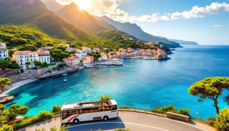 Bus panoramico scoperto su una strada costiera di Ischia in autunno, con porto e borgo sul mare sullo sfondo