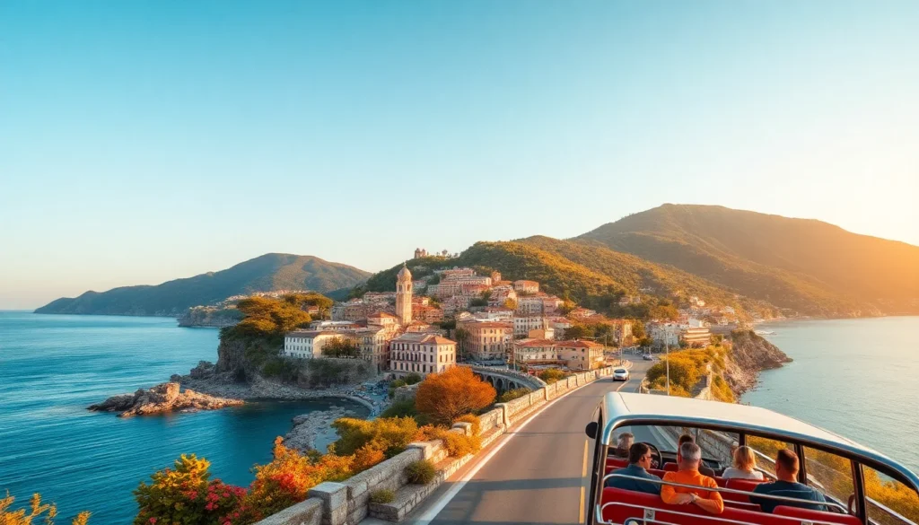 Strada panoramica autunnale a Ischia con un borgo sul mare e un bus scoperto in transito